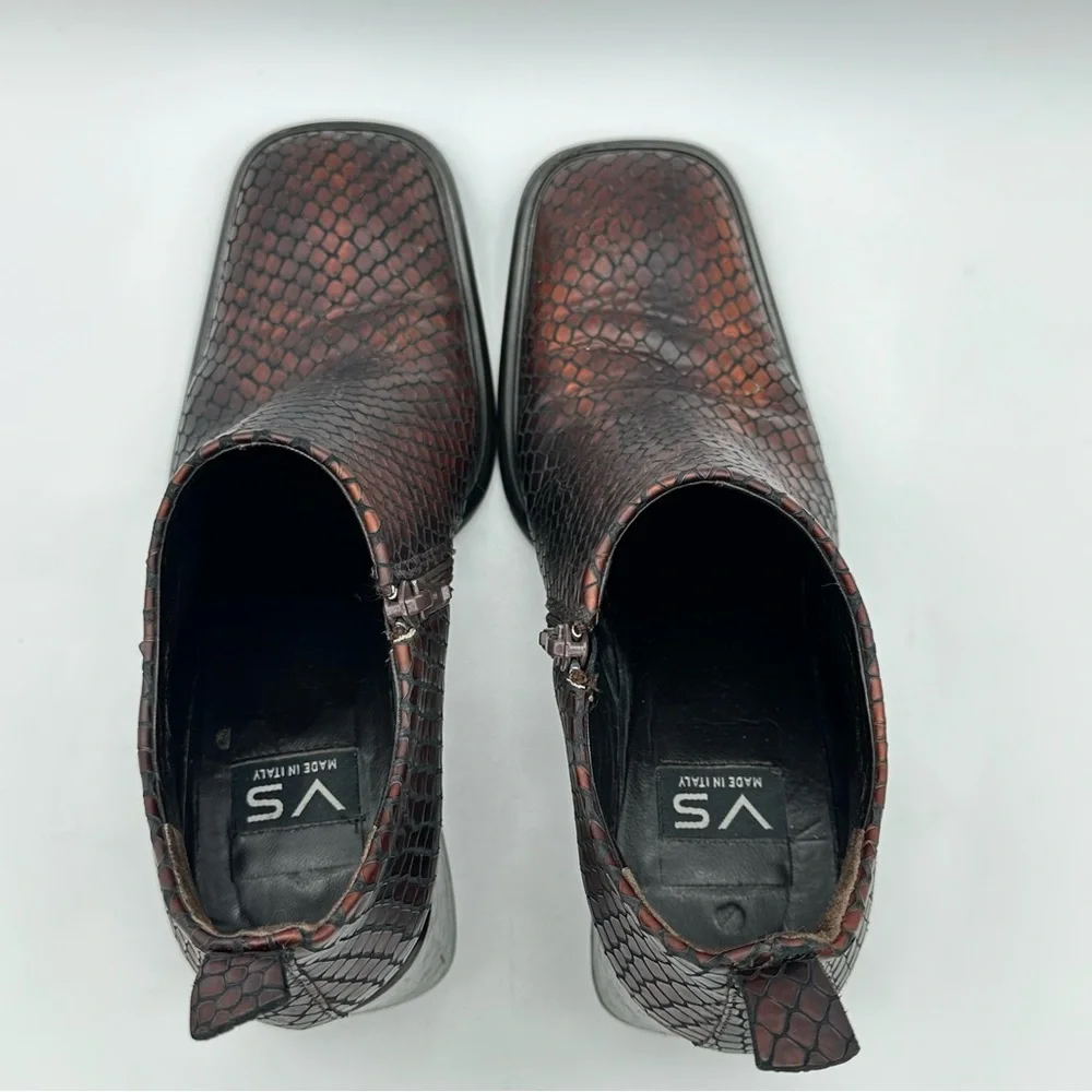 VS Dark Brown Leather Snakeskin Print Square Toe Block Heel Booties
